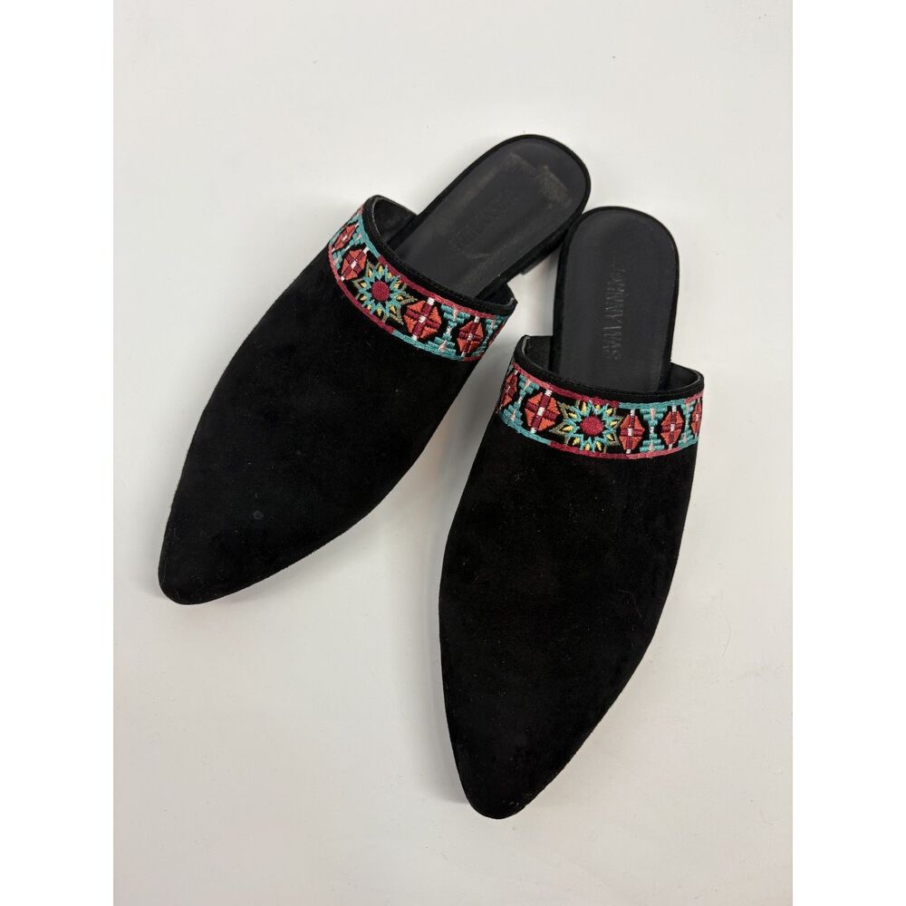 Johnny Was Black Velvet Embroidered Mules | Boho Chic Pointed Toe Slip-On Flats